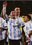  ?? Pool / Getty Images ?? Lionel Messi celebrates after scoring his 79th goal for Argentina, passing Pele for the South American record.