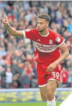  ??  ?? Rudy Gestede celebrates after opening the scoring for Boro.