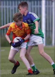  ??  ?? Jake Gilshinan (Sarsfields) under pressure from Kevin Rowe.