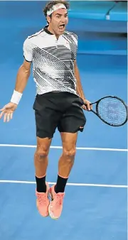  ?? /AFP ?? Major within reach: Roger Federer takes off after beating Japan’s Kei Nishikori to reach the quarterfin­als.