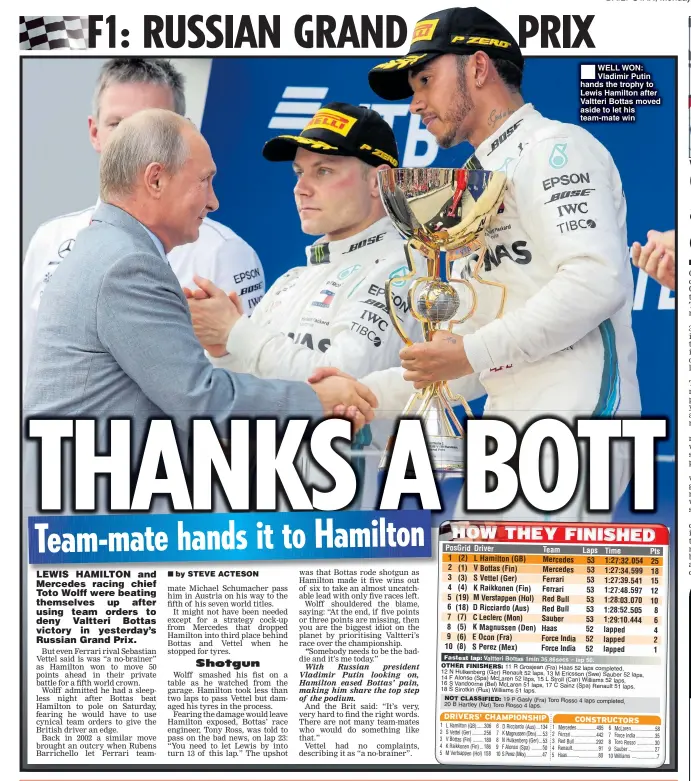  ??  ?? WELL WON: Vladimir Putin hands the trophy to Lewis Hamilton after Valtteri Bottas moved aside to let his team-mate win