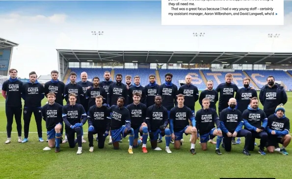  ??  ?? Clockwise from
left Cotterill took the Shrews job in November 2020; the squad show solidarity for their stricken manager; back bellowing at home to Ipswich after his discharge