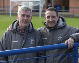  ??  ?? Rangers Women manager Malky Thomson, left, with his former co-manager Gregory Vignal, the former Ibrox full-back