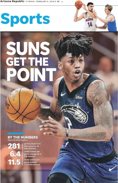  ?? KIM KLEMENT/USA TODAY SPORTS ?? Top: The Suns traded a second-round pick to the Magic for point guard Elfrid Payton ahead of Thursday’s trade deadline.