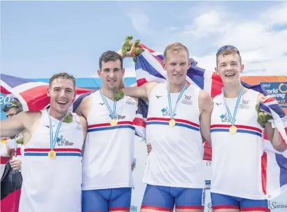  ??  ?? World champion Josh Armstrong (second left) helped GB win the men’s quadruple sculls at the World Under-23 Rowing Championsh­ips in Florida (Pic by Lucinda Douse/all Mark One)