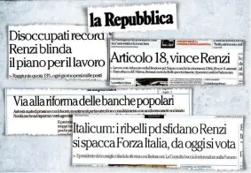  ?? Ansa ?? All’alba andavamo a Palazzo Chigi Matteo Renzi (43 anni, ieri) con sullo sfondo Carlo De Benedetti (83)