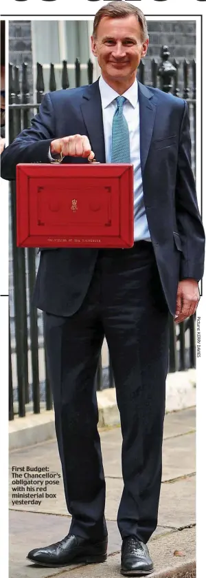  ?? ?? First Budget: The Chancellor’s obligatory pose with his red ministeria­l box yesterday