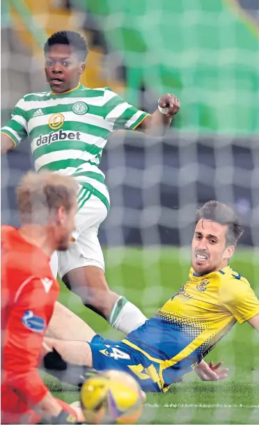  ??  ?? BIG FINISH: Karamoko Dembele, above, scores the final goal last night with Odsonne Edouard also on target, left, while it was a final Celtic game at Parkhead for Scott Brown who is met by outgoing chief executive Peter Lawwell, below.