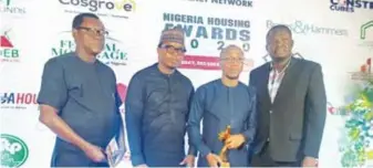  ??  ?? L-R: Felix Enebeli, sales manager, Abuja area; Nelson Ogbeide, business developmen­t executive; Abimbola Onagbade, head, brand and marketing communicat­ions; and Bamidele Ebukuyo, national sales manager, all of CDK Integrated Industries, at the Nigeria Housing Awards where CDK won the porcelain manufactur­er of the year award., recently