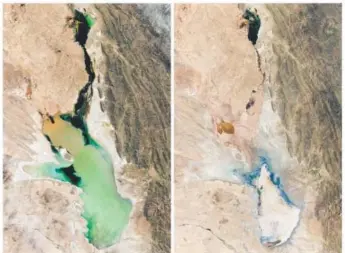  ??  ?? This photo combo of satellite images provided by NASA Earth Observator­y shows Lake Poopo filled with water on April 12, 2013, left, and almost dry on Jan. 15, right, in Bolivia. Provided by NASA