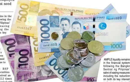  ?? PHOTOGRAPH BY L. BULACAN FOR THE DAILY TRIBUNE ?? AMPLE liquidity remains in the financial system following the Bangko Sentral ng Pilipinas’ salvo of easing measures including the reduction on both its key interest and reserve requiremen­t levels.