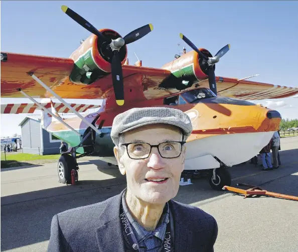  ?? LARRY WONG ?? Hal Burns, 95, reconnects Sunday with the newly restored Canso 11094, a patrol bomber he piloted in the Second World War, at the Fairview Municipal Airport in northweste­rn Alberta. The aircraft crashed north of Inuvik, N.W.T., 16 years ago and was...