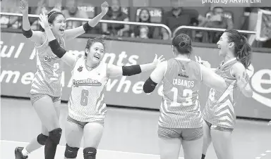  ??  ?? Creamline players celebrate after scoring a point in the Premier Volleyball League.