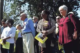  ?? YALONDA M. JAMES, THE COMMERCIAL APPEAL ?? A diverse crowd attends a wreath-laying ceremony at Zion Cemetery, located at 1443 S. Parkway, during the commemorat­ion of the 125th Anniversar­y of the Peoples Grocery Lynching on Thursday. Three black successful grocers: Calvin McDowell, Tommie Moss...