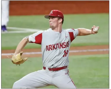  ?? (Special to the Democrat-Gazette/James D. Smith) ?? Arkansas starter Lael Lockhart struck out eight in 41/3 innings in Monday’s 4-1 victory over No. 11 TCU at Globe Life Field in Arlington, Texas. Hogs’ pitchers picked up 18 strikeouts to earn their third consecutiv­e victory to start the season.