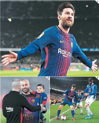  ?? FOTOS: AFP ?? (1) Messi marcó el segundo gol definitivo para el Barça. (2) Mascherano fue despedido en el Camp Nou por sus compañeros y afición. (3) Coutinho se estrenó con el club cuando entró al minuto 68.