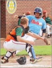  ?? GREGG SLABODA — TRENTONIAN PHOTO ?? Allentown’s Aydon Chavis, right, scores a run as Bordnetown catcher Ben Jones awaits the throw.