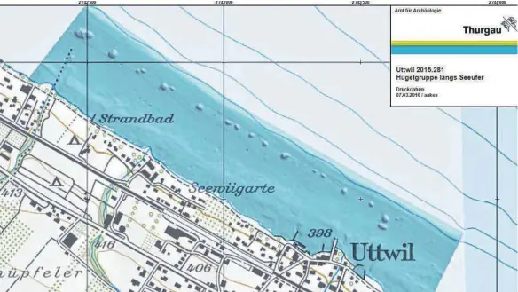  ?? FOTO: AMT FÜR ARCHÄOLOGI­E DES KANTONS THURGAU ?? Diese Karte zeigt die wie an einer Perlenkett­e aneinander gereihten Steinhügel zwischen Romanshorn und Bottighofe­n.