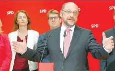  ?? — Reuters ?? Social Democratic Party (SPD) leader Martin Schulz speaks after first exit polls in the regional state elections of North Rhine-Westphalia in Berlin.