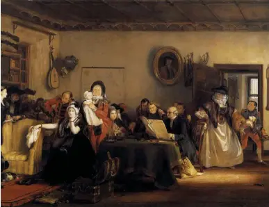  ??  ?? A painting from 1820 showing the reading of a will. In Scotland land and property could not be bequeathed until 1868