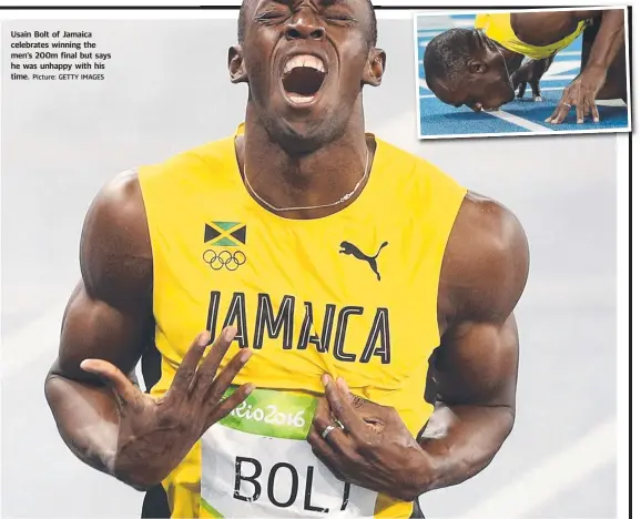  ?? Picture: GETTY IMAGES ?? Usain Bolt of Jamaica celebrates winning the men’s 200m final but says he was unhappy with his time.