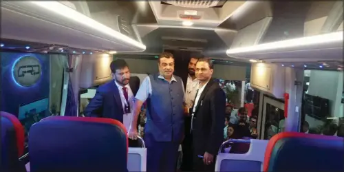  ??  ?? Road transport minister Nitin Gadkari climbed up to check out the interior of G-Dolfino 12 m luxury semi-sleeper bus.