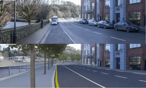  ??  ?? Abbey Quay as it is now (top) and how it will look with the flood defence works in place (bottom).