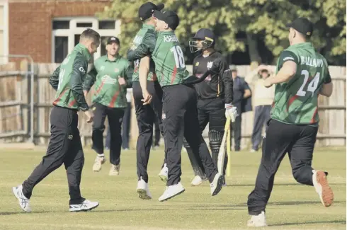  ?? Picture: Martin Denyer ?? Bognor celebrate a breakthrou­gh against Roffey in the T20 Cup on Saturday – Bognor won by 20 runs at the Regis Oval