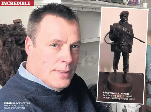  ??  ?? Delighted Graham Yuill was amazed to see the figure after 30 years Back where it belongs Graham has been reunited with the military soldier statue