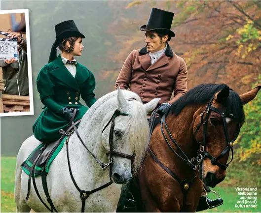  ??  ?? Victoria and Melbourne out riding and (inset) Rufus on set