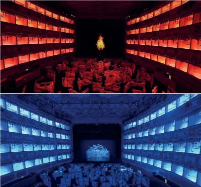  ??  ?? Il rosso e il blu A sinistra, due scatti tratti dall’opera sperimenta­le «Fenix Dna», una sorta di percorso itinerante nelle sale del Teatro La Fenice di Venezia fatto di luci, suoni e installazi­oni audio-video, realizzato dall’artista Fabrizio Plessi...