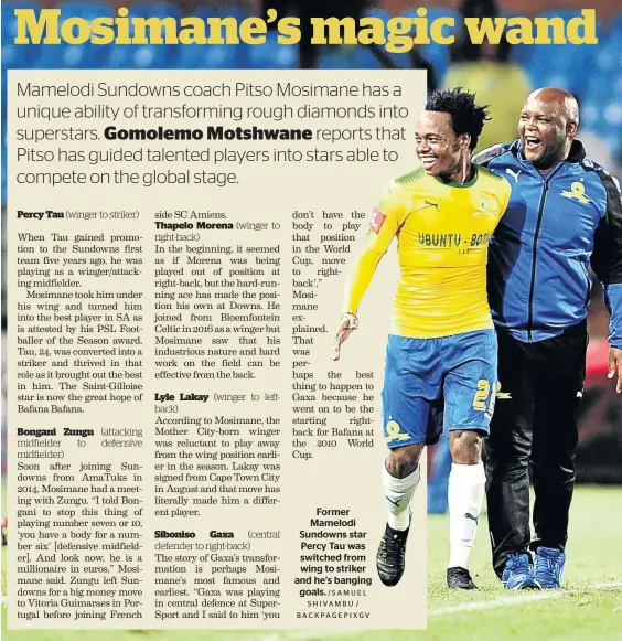  ?? /SAMUEL SHIVAMBU / BACKPAGEPI­XGV ?? Former Mamelodi Sundowns star Percy Tau was switched from wing to striker and he’s banging goals.