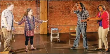  ?? PHOTO BY JOHN DAGGETT ?? Joe Donley, left, and Lauren Salvo argue with Jerry McGrier and Tia Chanel in a dynamic scene in Act Two of “Clybourne Park.”