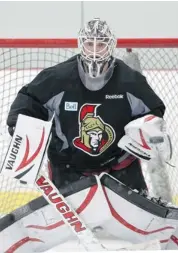  ?? JANA CHYTILOVA/OTTAWA CITIZEN ?? Robin Lehner of the Ottawa Senators makes a save during practice at the Bell Sensplex in Ottawa on Tuesday. The Senators embark on a five-game road trip on Thursday.