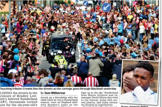  ??  ?? Touching tribute: Crowds line the streets as the cortege goes through Blackhall yesterday Tears: Jermain Defoe