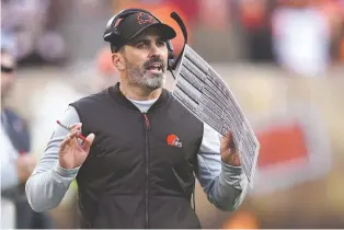  ?? DAVID RICHARD/ASSOCIATED PRESS ?? Cleveland Browns head coach Kevin Stefanski, pictured during a game against Baltimore earlier this month, tested positive for COVID-19 on Wednesday, along with quarterbac­k Baker Mayfield.