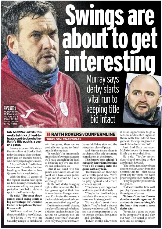  ?? ?? RED BRAG TO A BULL Murray knows McPake and his Pars are a threat to title hopes despite derby record