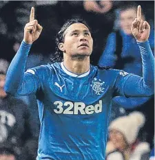  ??  ?? Carlos Pena celebrates scoring Rangers’ second goal against Aberdeen at Ibrox on Wednesday.