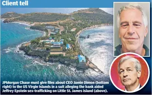  ?? ?? JPMorgan Chase must give files about CEO Jamie Dimon (bottom right) to the US Virgin Islands in a suit alleging the bank aided Jeffrey Epstein sex-traffickin­g on Little St. James island (above).