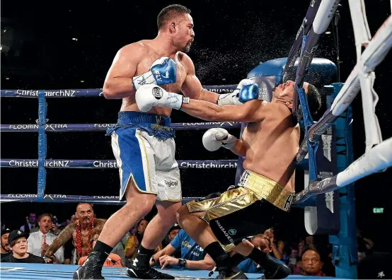  ??  ?? New Zealand’s Joseph Parker knocks out American Alexander Flores, who has complained after receiving low blows.