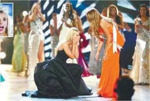  ??  ?? ... Miss Nebraska Sarah Rose Summers (left and inset) celebrates with Miss North Carolina Caelynn Millers-Keyes after winning the 2018 Miss USA Competitio­n at George’s Pond at Hirsch Coliseum in the city of Shreveport on Monday.