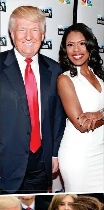  ??  ?? TANNING SECRET: Donald Trump wiith Omarosa Manigault Newman, right, and, below with wife Melania at his inaugurati­on