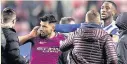 ??  ?? BUST-UP Aguero after the Wigan game