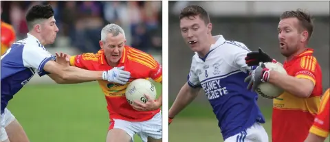  ??  ?? Ciarán Deely, the London team manager, tries to shake off Ballyhogue’s Peter Kelly on his comeback game for Horeswood on Sunday. Horeswood captain P.J. Banville has his space closed down by Conor Byrne of Ballyhogue.