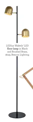  ??  ?? LEDlux ‘Blakely’ LED floor lamp in Black and Brushed Brass, $249, Beacon Lighting.