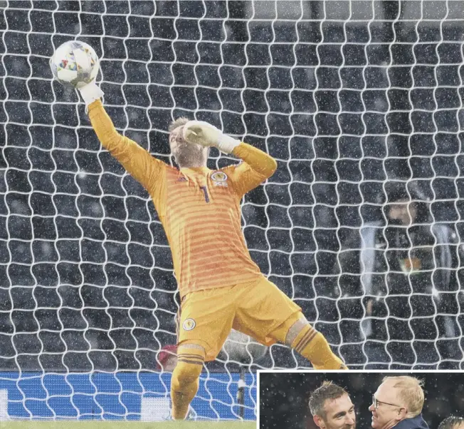  ??  ?? 0 Heart-stopping: Allan Mcgregor pulls off a late save to deny Israel’s Tomer Hemed, and, right, is congratula­ted at full-time by Scotland manager Alex Mcleish.