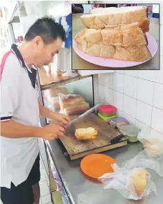  ??  ?? Bonny Lease prepares the bread for his customers. (Inset) Slices of soft bread that go really well with butter and locally-made coconut spread