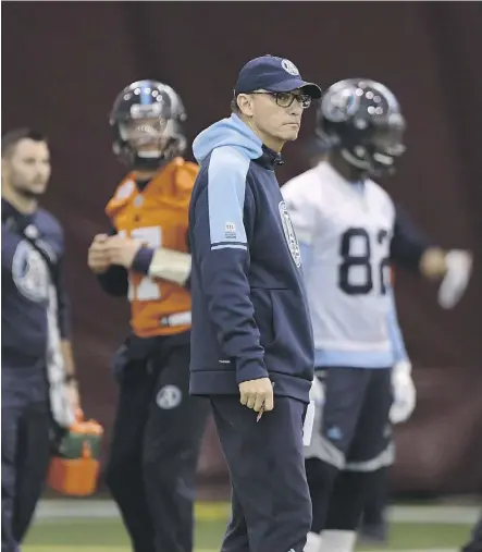  ?? SEAN KILPATRICK/THE CANADIAN PRESS ?? Toronto Argonauts head coach Marc Trestman prepares his team in Ottawa on Wednesday for Sunday’s Grey Cup date with the Calgary Stampeders.