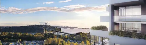  ??  ?? Striking views will be aplenty at Park West at Lions Gate, as shown in this artist’s rendering, including views of the mountains and Lions Gate Bridge.