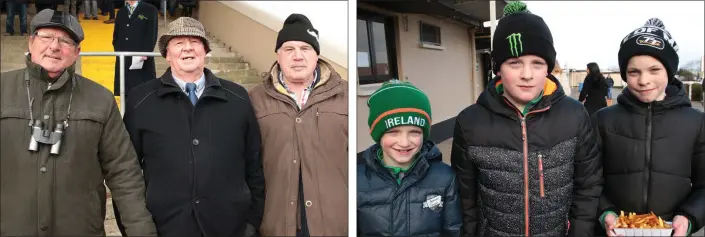  ??  ?? Michael Ferguson from Rosslare, Mickey Connors of Bunclody, and Maurice Cronin from Wexford. Aaron Mullally, Rian O’Dowd and Cian O’Dowd at the races on St. Patrick’s Day.